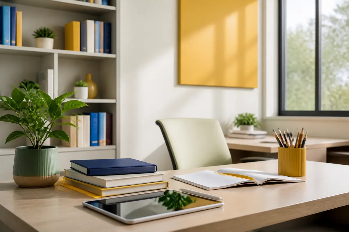 Ambiente de trabalho e materiais escolares da Livros Colégio
